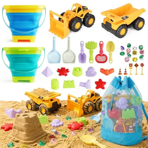 UBeesize 37 Stück Sandspielzeug Set mit 2 Faltbaren Eimern