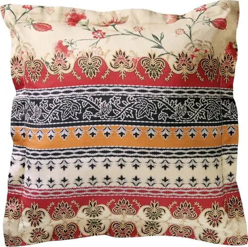 Erwin Müller Mako-Satin Kuschelkissenbezug Blumen und Bordüren beige-rot Größe 40x40 cm - seidig weiche Qualität, temperaturausgleichend, mit Reißverschluss