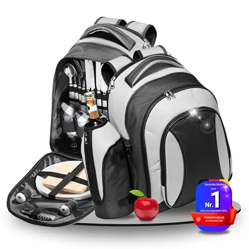 Picknickrucksack 4 Personen - Deluxe Kühlrucksack mit 21 TLG. Picknickset - Picknickrucksäcke mit großem Kühlfach für frische Lebensmittel, inklusive robustem Edelstahlbesteck und praktischem Stauraum für Outdoor-Aktivitäten.