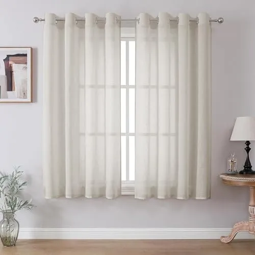 CUCRAF Leinen Voile Vorhänge mit Ösen Gardine für Schlafzimmer Wohnzimmer, Leinenfarbe, H145 x B140cm 2er Set