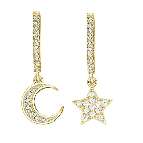 Sterling Silber Creolen mit Anhänger Ohrringe für Damen, Mädchen und Frauen Kreolen hängend klein mit Mond und Stern (Gold - mit Strass) 925