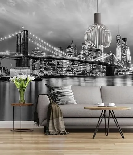 Sunny Decor | Fototapete BROOKLYN BRIDGE BLACK AND WHITE | 368 x 254 cm | Tapete, Wand Dekoration, New York, Wohnzimmer, Schlafzimmer | SD934