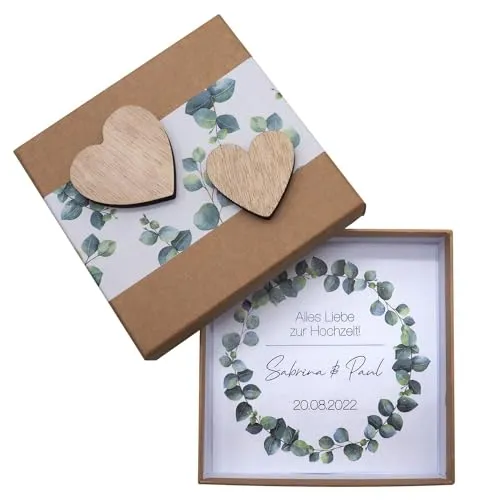 ZauberDeko Geldgeschenk Verpackung Personalisiertes Geschenk Hochzeit Herz Kraft Eukalyptus Blätterkranz Mit Namen