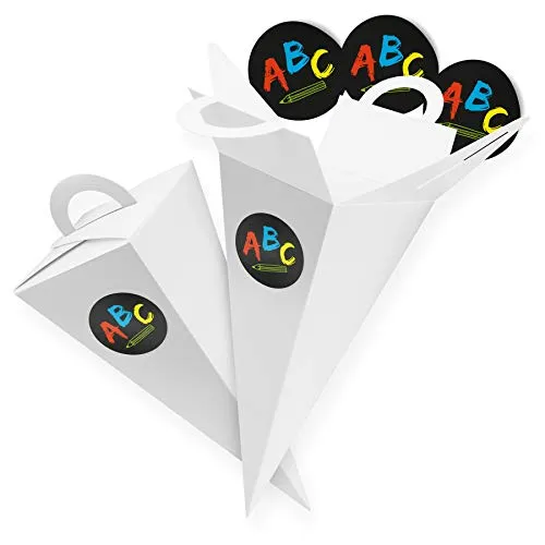 itenga 24x Geschenktüte Gastgeschenk Schultüte Weiß 14 cm mit Sticker Aufkleber 2,5 cm ABC Einschulung