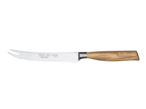 Burgvogel Tomatenmesser 13 cm aus Olivenholz - Küchenmesser mit gezahnter Klinge für perfekte Schnitte von Tomaten und Gemüse, handgeschmiedet in Deutschland, Griff aus edlem Olivenholz für eine angenehme Haptik.