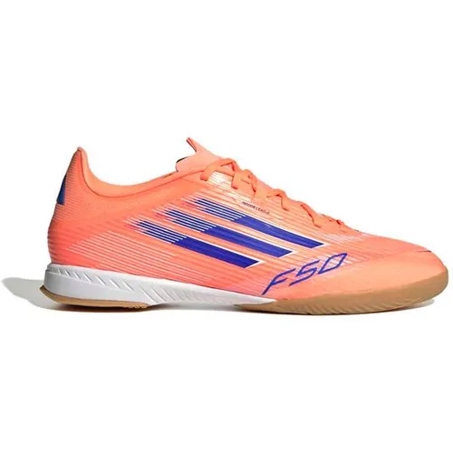 adidas Unisex F50 League Indoor Fußballschuhe - Beam Orange/Lucid Blue/Cloud White 44 - Hochwertige Fußballschuhe für Hallenböden mit abriebfester Gummiaußensohle und Fiberskin-Obermaterial für optimalen Halt und Komfort.