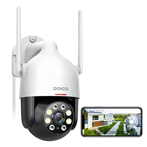 DEKCO 2K Überwachungskamera Aussen, 360° PTZ, 24/7 Aufzeichnung, Kabelstrom | SD-kompatibel (ohne), nur 2.4G Wifi, PIR, Automatische Verfolgung, 30m Nachtsicht in Farbe, 2-Wege Audio, 3MP, IP66