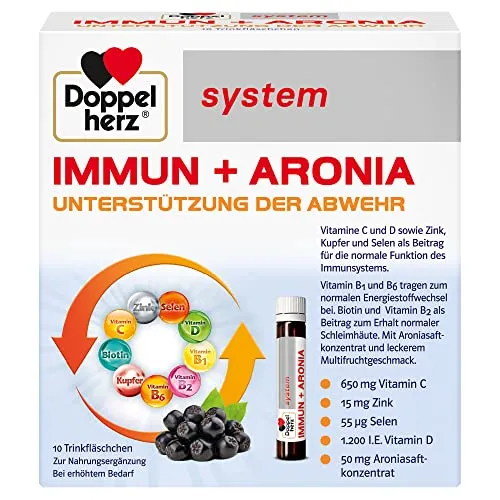 Doppelherz system IMMUN + ARONIA – Unterstützung der Abwehr – Vitamin C, Vitamin D, Zink und Selen tragen zur normalen Funktion des Immunsystems bei – 10 Trinkfläschchen