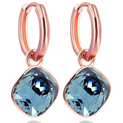 Rosegold Creolen Blau Charm Anhänger Markenkristalle Ohrringe 925 Sterling NOBEL SCHMUCK