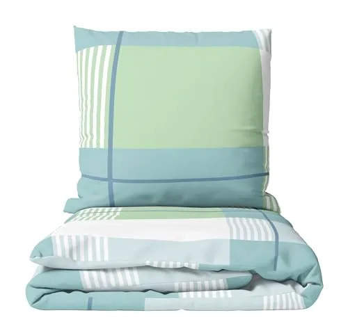 Leonado Vicenti Winter Biber Bettwäsche 200x200 Set flauschig Feinbiber gestreift Grün Petrol Kissenbezug 80x80 cm mit verdecktem Reissverschluss 3teilig