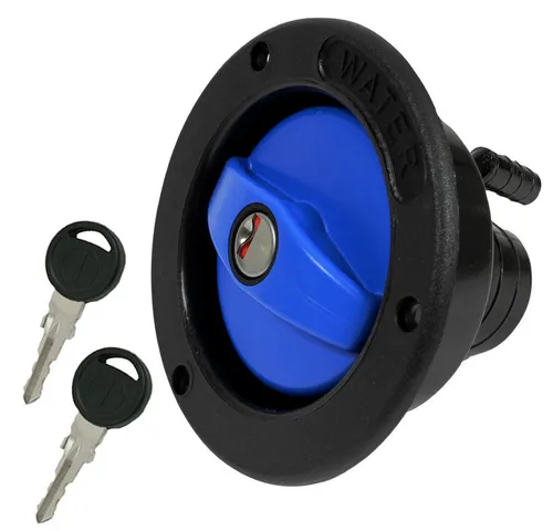 Einfüllstutzen & Tankdeckel für Frischwassertank - Schwarz/Blau, 40 mm - Hochwertiger Einfüllstutzen mit blauem Tankdeckel für Wohnwagen und Boote. Lebensmittelecht, witterungs- und UV-beständig. Ideal für den zuverlässigen Einsatz in der Freizeit.