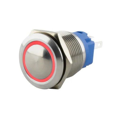 SeKi Edelstahl Drucktaster Ø19mm gewölbt LED Ring in rot 0,5x2,8 Pins 250V 3A