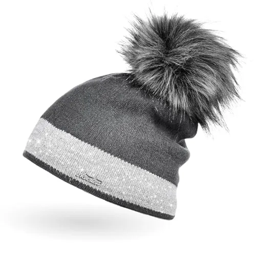 Neverless Damen Strick-Mütze gefüttert mit Fell-Bommel Kunstfell Winter-Mütze Feinstrick Glitzer-Garn Bommelmütze Dunkelgrau-hellgrau Unisize
