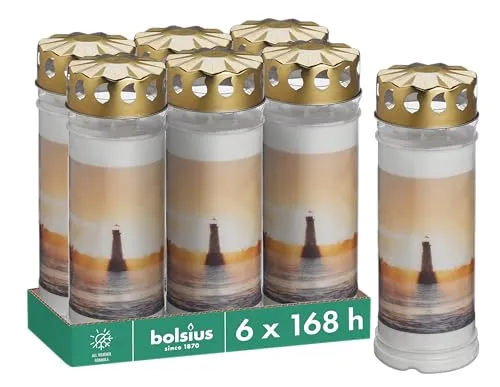 Bolsius Grablicht - Weiß - 6 Stück - 20 x 7.5 cm - Leuchtturm - Länge Brenndauer 7 Tage - Trauerkerze & Gedenkstätte Kerzen - mit Motiv - Unparfümierte - Ohne Palmöl - Nr7