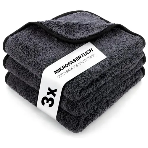 bio-chem 3X Super Flausch Mikrofasertücher | extra weiche & saugstarke Microfaser Putztücher 40x40 cm | fusselfreie Reinigungstücher & Putztücher für Haushalt, Pflege & Caravan | Grau-Schwarz