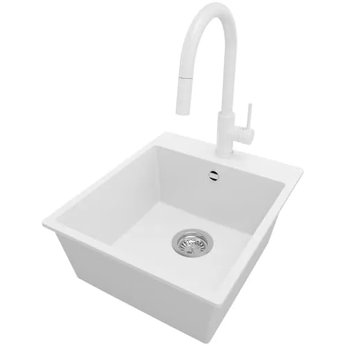 PRIMAGRAN Granitspüle Weiß 43x50cm, Spülbecken 1 Becken + Küchenarmatur 40x20cm + Ablauf-Set, Küchenspüle ab 45er Unterschrank - Riga S084