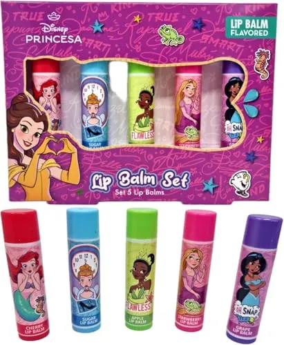 Disney Princesa Lippenbalsam Set, 5 Stück, Aromatisiert, Cherry, Sugar, Apple, Starwberry, Grape