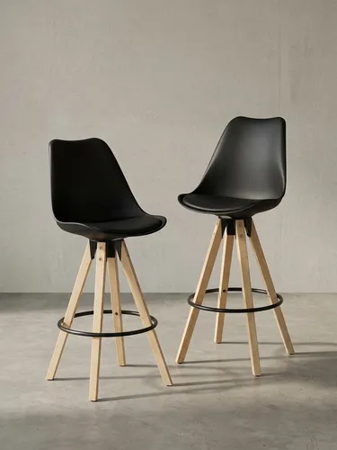 2er Set Barhocker LIMA Schwarz im Retro Design mit Kunstleder und Holzbeinen