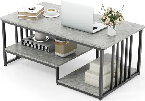 GOPLUS Couchtisch in Marmoroptik mit Ablagen – Moderner Wohnzimmertisch, 110 x 60 x 45 cm, Grau