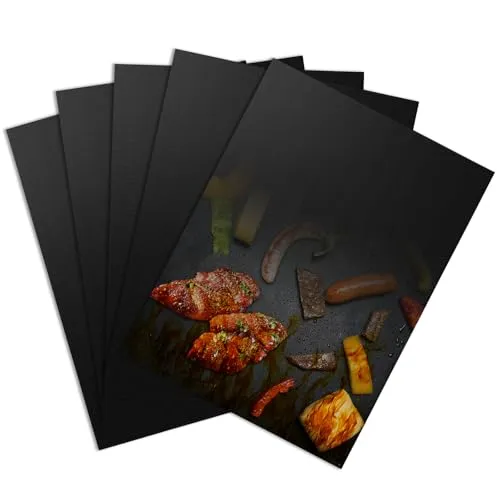 5er Set 40x30 cm BBQ Grillmatte, Backpapier, Antihaft Grillmatten, Wiederverwendbar, Hitzebeständig und Zuschneidbar, Dauerbackfolie für Gasgrill, Holzkohlegrill und Backofen