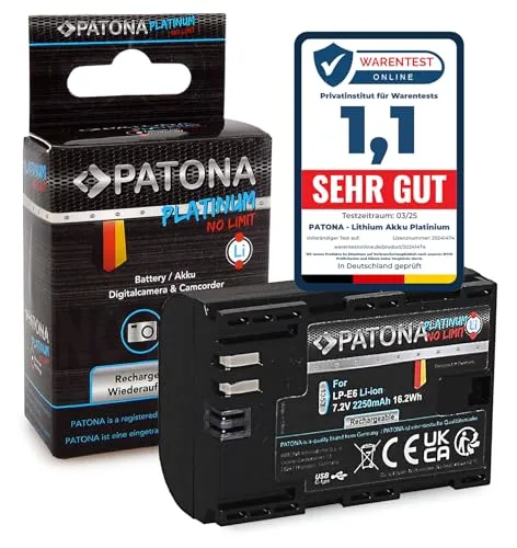 PATONA Platinum USB-C Akku für Canon LP-E6 - 2250mAh 7.2V Li-Ion, langanhaltendes Fotovergnügen und flexible Aufladung mit USB-C