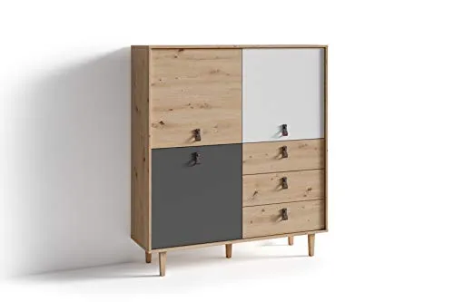 byLIVING Highboard BILL – Skandinavisches Wohnhighlight - Hochschrank fürs Wohnzimmer mit 3 Türen und 3 Schubkästen, bietet viel Stauraum und ist aus FSC-zertifiziertem Holz gefertigt. Stylische Kunstleder-Griffe und massive Eiche-Füße verleihen ihm einen modernen Look.