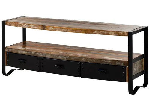 MASSIVMOEBEL24.DE Industrial TV-Board #05 - Mehrfarbig, lackiert - TV-Halterungen mit einzigartigem Design aus Altholz, bietet viel Stauraum durch 2 Schubladen und 1 offenes Fach, ideal für Wohnzimmer oder Schlafzimmer.