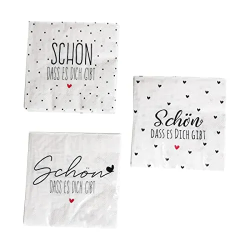 Servietten 'Schön dass es dich gibt' weiß, rot, schwarz - Sprüche Herzen 3-lagig 33 x 33 cm 3 x 20