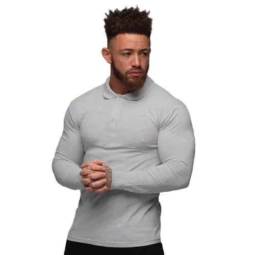 Herren Poloshirt Langarm Sport Golf T-Shirt Muskel Passform Farbe Grau XL