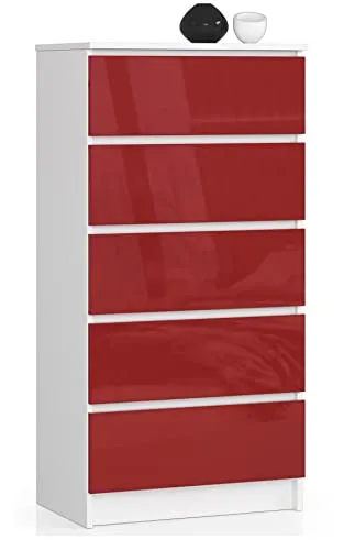 BDW Kommode Hochglanz K60 mit 5 Schubladen für Schlafzimmer, Wohnzimmer, Badezimmer, Büro - Modernes Design - Mehrzweckschrank mit viel Platz - 60 x 121 x 40 cm - Weiß-Rot