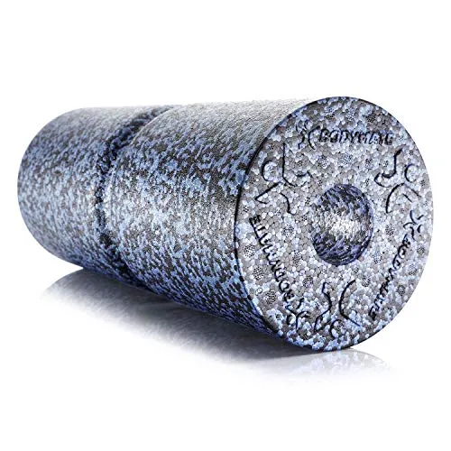 BODYMATE Faszienrolle Extra-Hart, Trainingsrolle zur Eigenmassage mit umlaufender Rille, für aktive Sportler, Ganzkörper-Massagegerät, inkl. eBook, 35 x 14 cm (L x Ø), in Grau-Blau/Schwarz