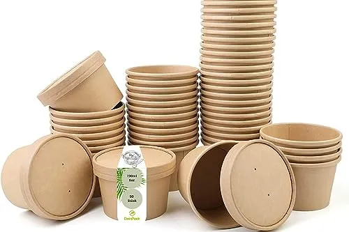 DeinPack 50 Suppenbecher to go mit Deckel 230 ml - Thermobehälter aus biologisch abbaubarem Kraftpapier, ideal für heiße und kalte Speisen. Auslaufsicherer Deckel sorgt für sicheren Transport.