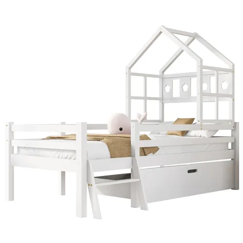 Kinderbett mit Lattenrost und Schublade, 90x200 cm, Hausbett mit Rausfallschutz - Praktisches Kinderbett aus robustem Kieferholz mit zusätzlicher Schublade für Stauraum. Inkl. Lattenrost und Rausfallschutz für sicheres Schlafen. Ideal für jeden Kinderraum!