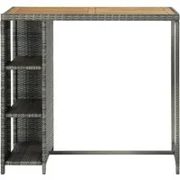 vidaXL Bartisch mit Regal Grau 120x60x110 cm – Stilvoller Bistrotisch - Barmöbel mit seitlichem Lagerregal für zusätzlichen Stauraum. Robuste Kombination aus PE-Rattan und massivem Akazienholz, ideal für Garten, Bar oder Restaurant.