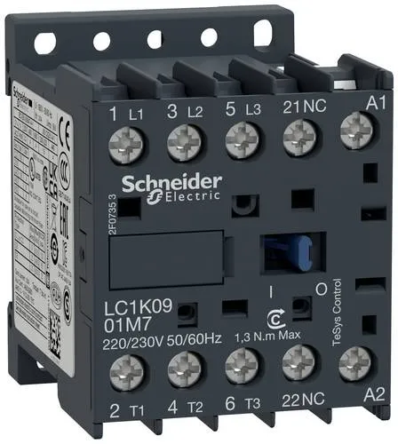 Leistungsschütz 9A 3P 230V AC 0Z 1R LC1K0901P7 - Fehlerstromschutz (RCD) für zuverlässige Motorsteuerung bis 9 A, ideal für industrielle Anwendungen mit hoher Zyklenzahl und robustem Design.