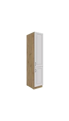 Küchen Vorratshochschrank 40 cm Stilo Weiss + Eiche Artisan - Hochschrank für die Einbauküche, mit zwei Türen und fünf Böden für optimalen Stauraum, inklusive dämpfenden Scharnieren für leises Schließen.