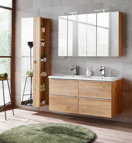 Badmöbel Set PERUGIA 6-tlg Gold Eiche - Badmöbelset für Erwachsene mit modernem Design, inklusive Doppelwaschbecken und LED-Spiegelschränken – ideal für ein stilvolles Badezimmer.