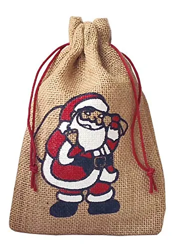 | 3 naturfarbene Jutebeutel, Jutesäcke mit farbigem Weihnachtsmann Motiv, Nikolaus, Geschenkverpackung, Weihnachten, Dekoration, Santa Claus, Geschenk, Advent, Winter, Weihnachtsfest (30x20)