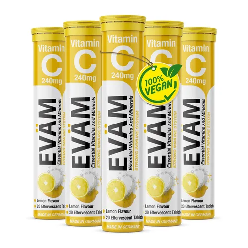 EVÄM Vitamin C 240 Brausetabletten Vegan Zitrone 5x 20 Stück Hergestellt in DE