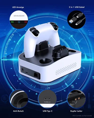 GRAUGEAR 8TB Externe Festplatte für PS5 mit Ladestation - Externe Festplatte und Ladestation für 2 PS5 Controller, speichert bis zu 188 Spiele und bietet Schnellladefunktion für Controller.