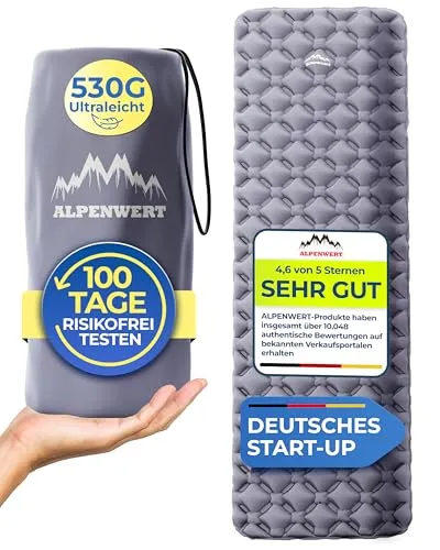 Alpenwert Isomatte Aufblasbar - Ultra Leicht & Klein, GRATIS Reparatur Kit - Isomatte für Outdoor-Aktivitäten, ultra leicht und mit kleinem Packmaß, ideal für Camping und Backpacking. Inklusive GRATIS Reparatur Kit für sorgenfreies Reisen.