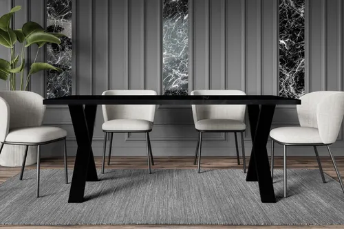 Altdecor Esstisch Schwarz Hochglanz, 160 cm - Esstisch in modernem Design mit spektakulärem X-Form-Untergestell, ideal für gesellige Abende mit Familie und Freunden. Die robuste, 3,2 cm starke Tischplatte ist hitze-, alkohol- und feuchtigkeitsbeständig.