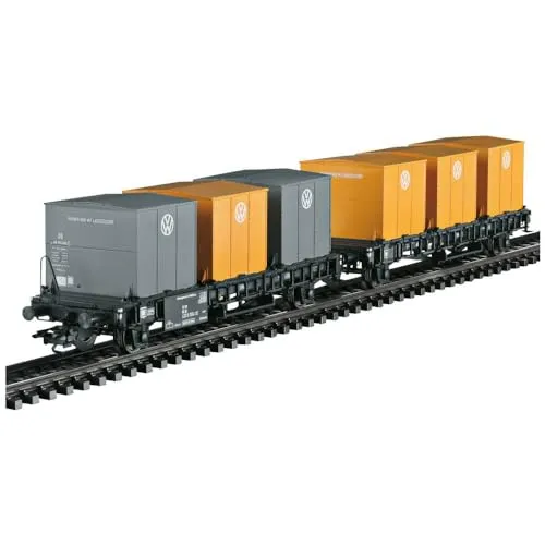 Märklin 46661 H0 Behälter-Transportwagen-Paar Laabs der DB - Güterwagen für den innovativen Transport von Volkswagen Motoren und Getrieben, detailgetreu mit sechs Transportbehältern, ideal für Modellbahn-Enthusiasten.