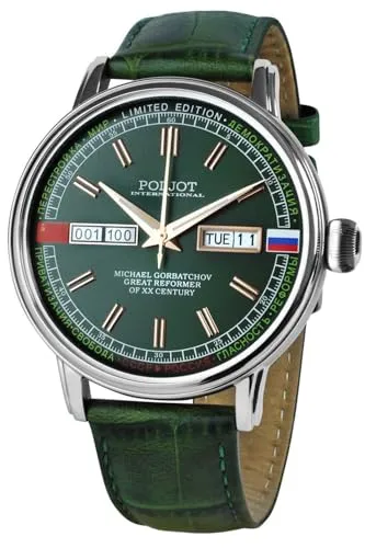 Poljot International Automatik Uhr Gorbatchov Grün LE - Limitierte Herrenuhr mit mechanischem Uhrwerk und 41 Stunden Gangreserve. Elegantes Design mit grünem Zifferblatt und kratzfestem Saphirglas, ideal für stilbewusste Träger.