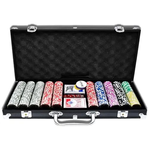 AufuN Pokerkoffer Set 500 Chips Laser Pokerchips mit Aluminium Gehäuse | Poker-Set 12 Gramm Metallkern inkl. 2X Pokerdecks, 5X Würfel, 3X Dealer Button, Big Blind, Little Blind Pokersets (Schwarz)