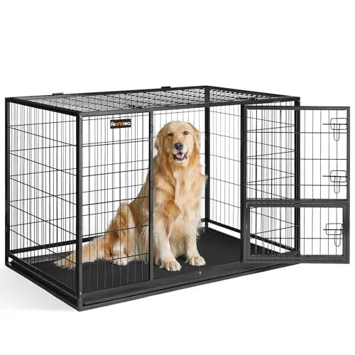 Feandrea Haustierkäfig hochbelastbar, Gitterbox, transportabel, 122 x 75,5 x 80,5 cm, für mittelgroße, große Tiere, sicher, 2 abnehmbare Türen, XXL, tintenschwarz PPD003B01