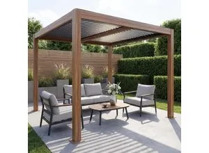 MCW Pergola mit drehbarem Lamellendach, Braun, 300x220x300 cm - Stilvolle Pergola mit drehbaren Lamellen für flexiblen Sonnen- und Sichtschutz. Robustes Gestell, windresistent bis 100 km/h, ideal für Garten oder Terrasse. Genießen Sie entspannte Stunden im Freien!