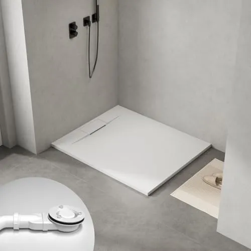 WITEN&NOCK SMC Duschwanne 120x100cm - Duschwanne in Steinoptik, extra flach mit nur 3,2 cm Bauhöhe, rutschfest und ideal für barrierefreie Bäder. Inkl. Ø90mm Ablaufgarnitur und Abdeckung.