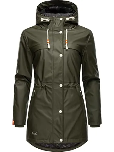 Navahoo Damen Regenmantel Rainy Forest Dark Olive Gr. M - Stylischer Damen Regenmantel mit großer Kapuze und wasser- sowie winddichtem Obermaterial. Ideal für wechselhaftes Wetter, warmes Teddyfutter und praktische Taschen sorgen für Komfort und Funktionalität.