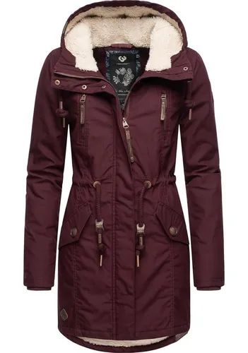 Ragwear Damen Mantel Elsie Intl Wine Red - Warme Winterjacke mit Teddyfell-Kapuze - Funktionsjacke aus 100% veganem Material, warm gefüttert mit modischem Teddyfell und praktischen Details für kalte Tage.